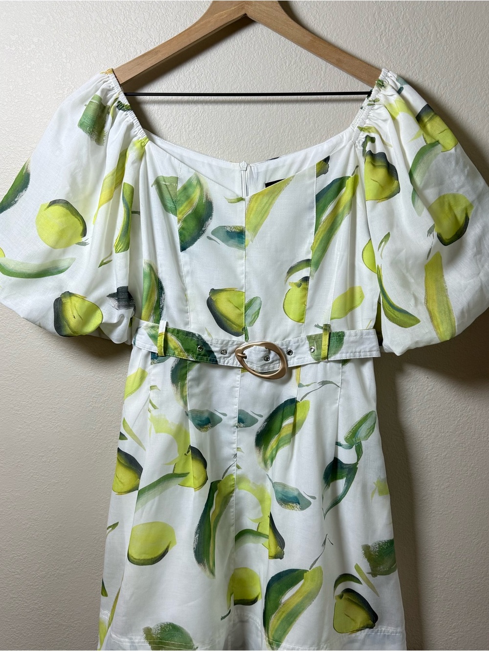 Beulah Style Alyssa Zest White Puff Sleeve Mini Dress Green & Yellow Leaf Cotton - Picture 2 of 15